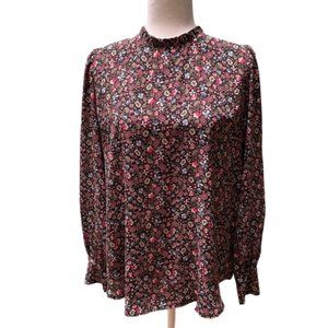 Loft Black Floral Ruffle Neck Blouse LG